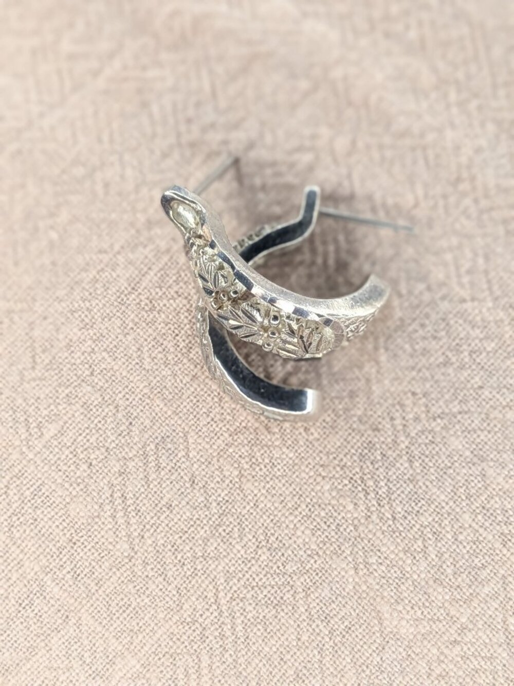 925 Sterling Silver Floral Half Hoop Earrings Botanical Vintage